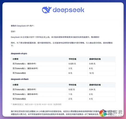 DeepSeek 官宣涨价：高峰期价格翻倍，V4 正式版 7 月中上线！-极客君